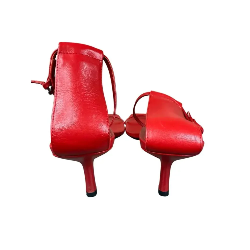 ZARA Red Leather Strappy Heels Square Toe Ankle Strap Sandals EU 42 US 11 - Picture 10 of 11